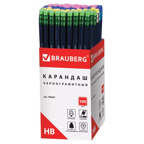 Карандаш ч/гр BRAUBERG НВ, черный, черное дерево, c резинкой, заточенный, карт. упак. 