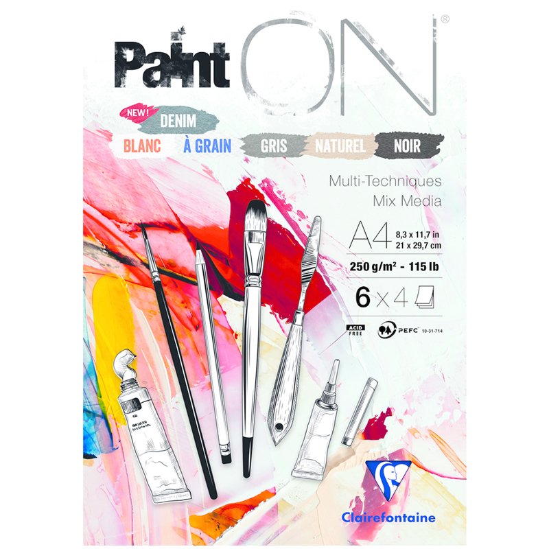превью Альбом для смешанных техник 24л., А4, на склейке Clairefontaine «Paint'ON», 250г/м2, 6 цветов