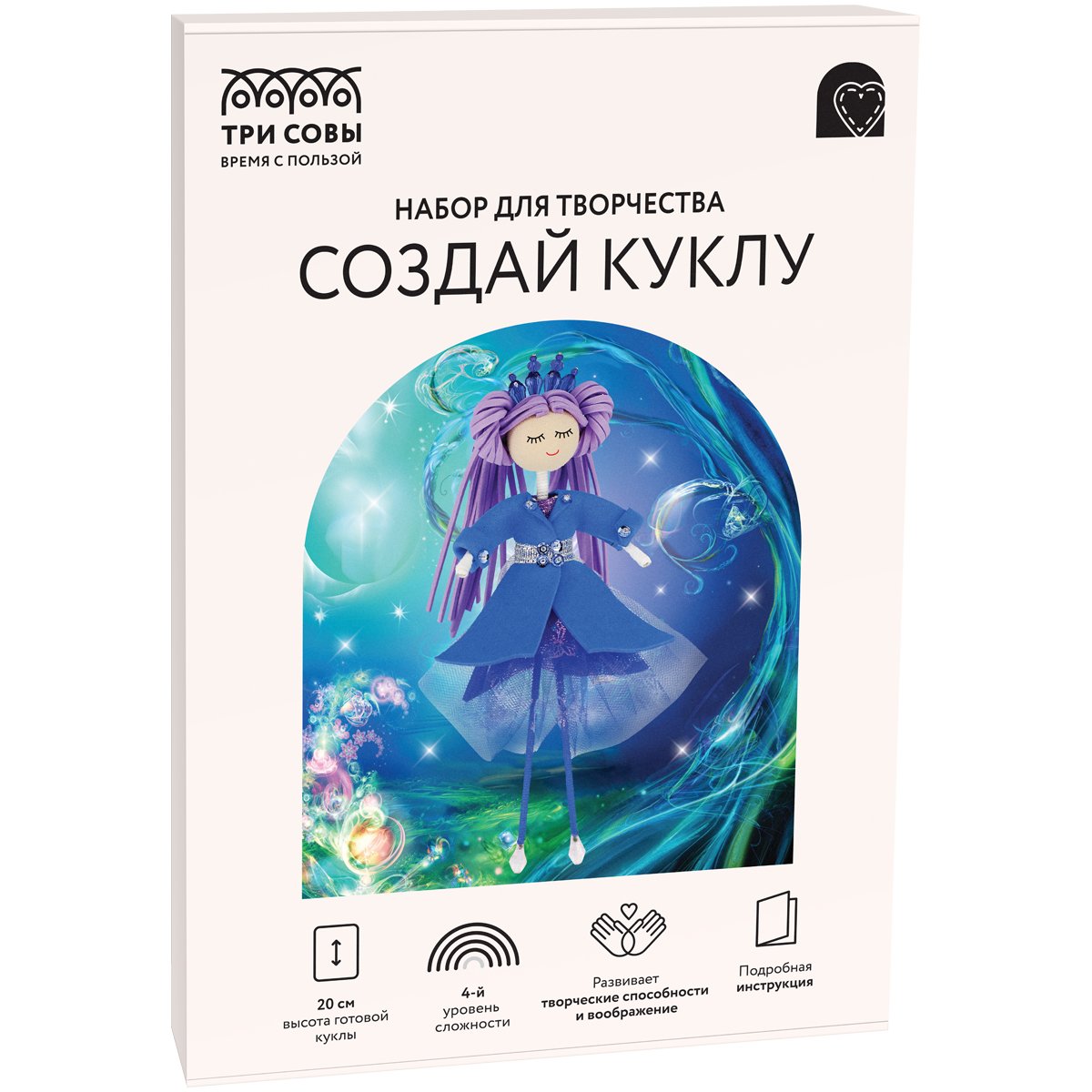 превью Набор для творчества ТРИ СОВЫ, создай куклу «Фея воды», картонная коробка
