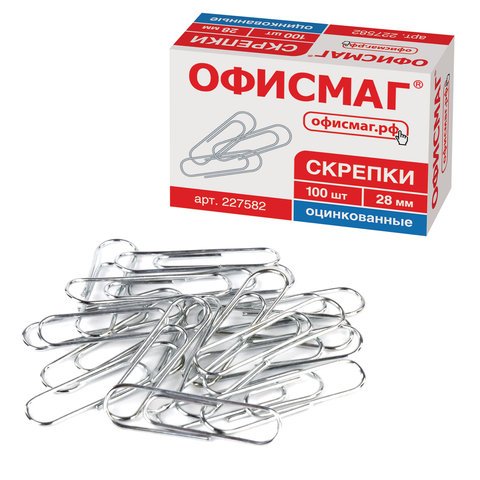 Скрепки ОФИСМАГ, 28 мм, оцинкованные, 100 шт., в картонной коробке