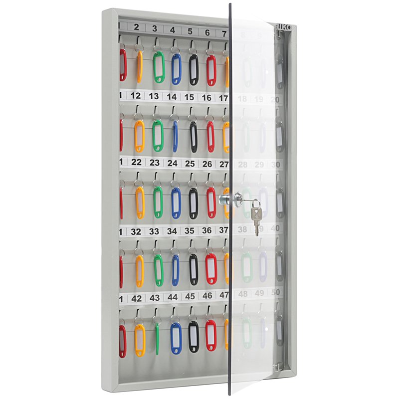 Ключница Aiko Key-50G на 50 ключей, 602×367×40мм, ключевой замок, металл, серый, стекл. дверца, с брелоками