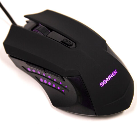 Мышь проводная игровая SONNEN I3, пластик, 6 кнопок, 800-2400 dpi, LED-подсветка, черная
