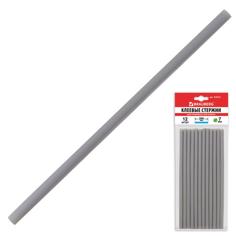 Клеевые стержни, диаметр 7 мм, длина 200 мм, серебристые, комплект 12 шт., BRAUBERG, европодвес
