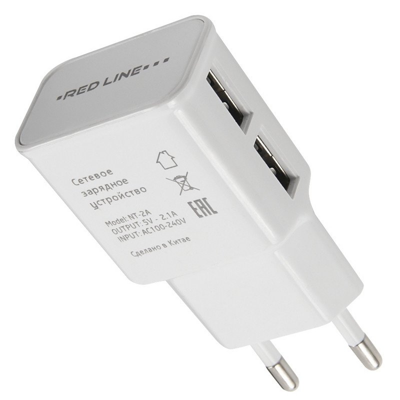 Зарядное устройство сетевое (220В) RED LINE NT-2A, 2 порта USB, выходной ток 2.1 А, белое