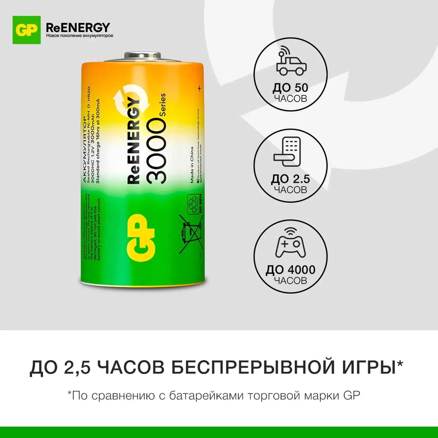 Аккумулятор GP 3000mAh D 300DHCRGY-2CRCB2 Ni-Mh 2шт/уп
