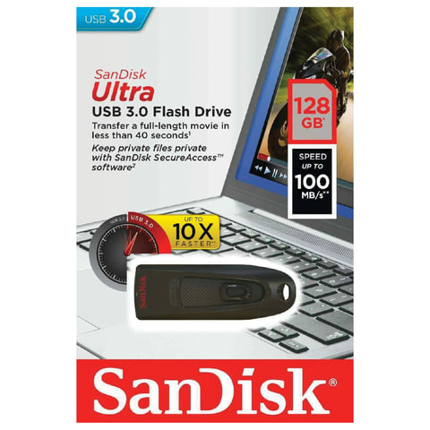 Флэш-диск 128 GB, SANDISK Cruzer Ultra, USB 3.0, черный