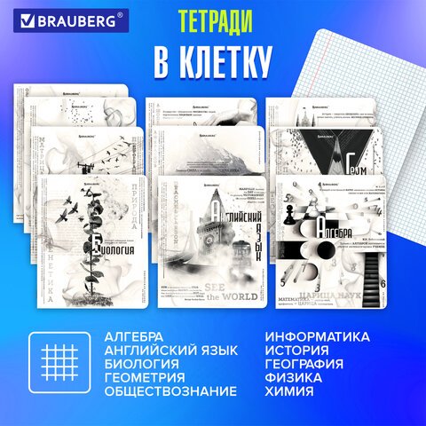 Тетради предметные, КОМПЛЕКТ 12 ПРЕДМЕТОВ, 48 л., матовая ламинация, BRAUBERG, «BLACK&WHITE»