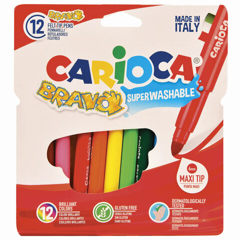 превью Фломастеры утолщенные CARIOCA (Италия) «Bravo», 12 цветов, суперсмываемые, 42755