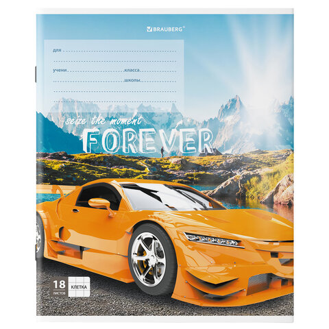 Тетрадь 18 л. BRAUBERG клетка, обложка картон, «SPORTS CAR»
