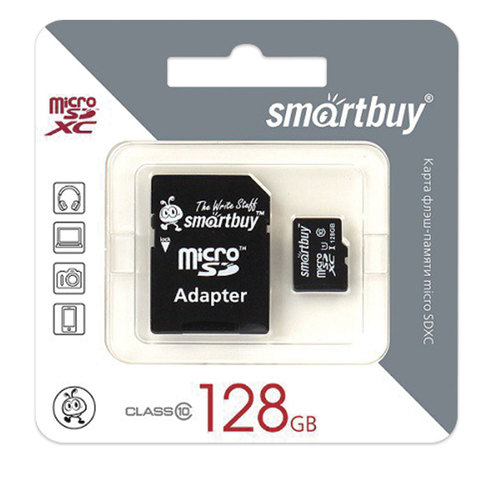 Карта памяти micro SDXC, 128 GB, SMARTBUY, UHS-1 U1, 80 Мб/сек. (class 10), с адаптером