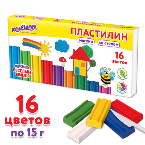 превью Пластилин мягкий ЮНЛАНДИЯ «ВЕСЕЛЫЙ ШМЕЛЬ», 16 цветов, 240 г, СО СТЕКОМ