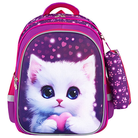 Рюкзак BRAUBERG KIDS MIND с пеналом в комплекте, 2 отделения, «Humble Cat», 40×28х18 см