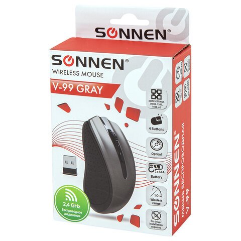 Мышь беспроводная SONNEN V99, USB, 800/1200/1600 dpi, 4 кнопки, оптическая, серая