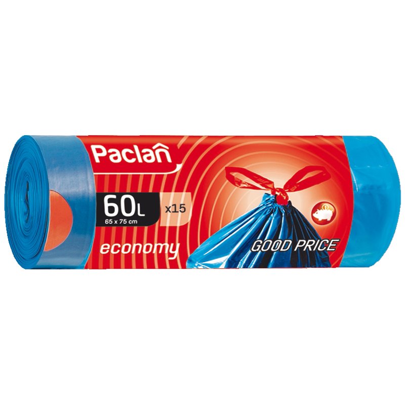 превью Мешки для мусора 60л Paclan «Economy» ПНД, 65×75см, 19мкм, 15шт., синие, в рулоне, с завязками