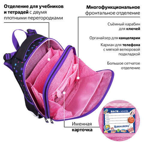 Ранец BRAUBERG PREMIUM, 2 отделения, с брелком, «Neon cat», 38×29х16 см