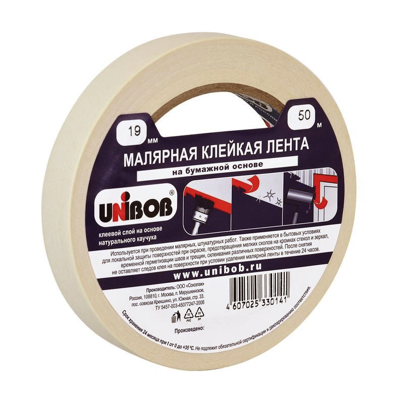 превью Клейкая лента малярная Unibob белая 19 мм х 50 м (бумажная, легкоудаляемая)