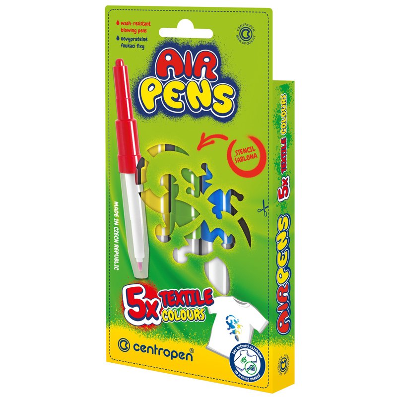превью Фломастеры воздушные Centropen «AirPens Textile», 05цв. +1 трафарет, картон. упаковка, европодвес