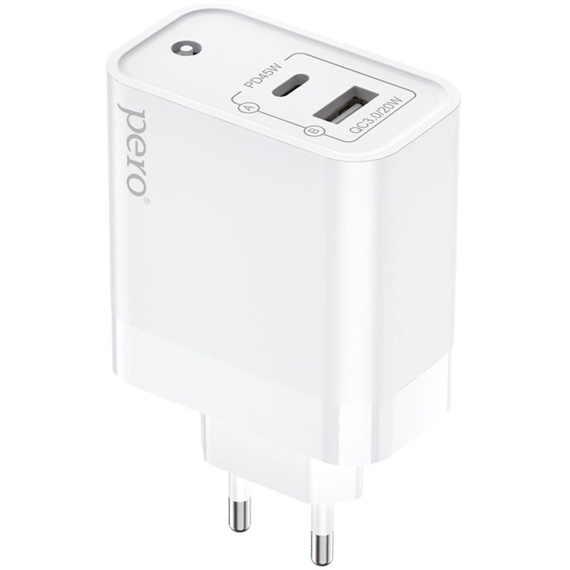 Зарядное устройство сетевое PERO TC15 USB-A QC3.0 + USB-C PD, 65W белый