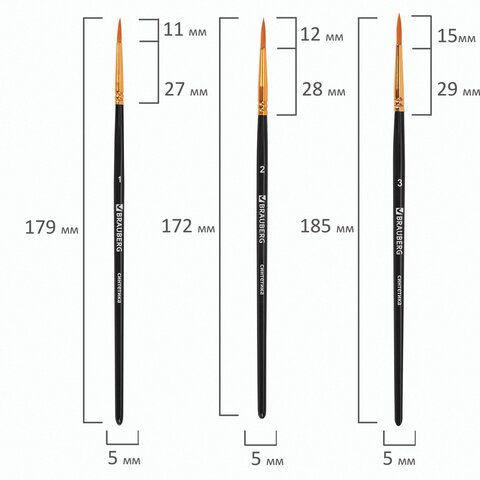 Кисти синтетика BRAUBERG, НАБОР 10 шт., черные (Круглые 2, 3, 4, 5, 8; Плоские 2, 5, 8; Лайнеры 1, 2/0)