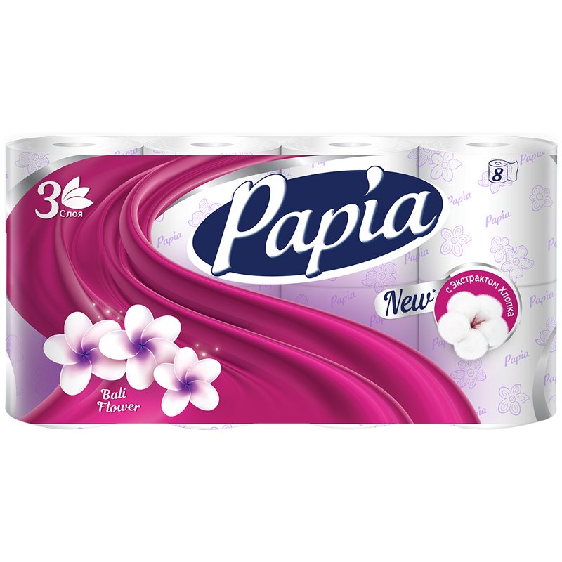 Бумага туалетная Papia Балийский Цветок 3-слойная белая (8 рулонов в упаковке)