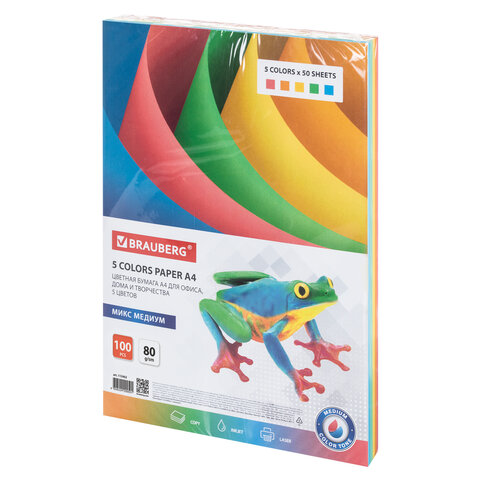 превью Бумага цветная BRAUBERGА480 г/м2100 л. (5 цветов х 20 л. )медиумдля офисной техники112462