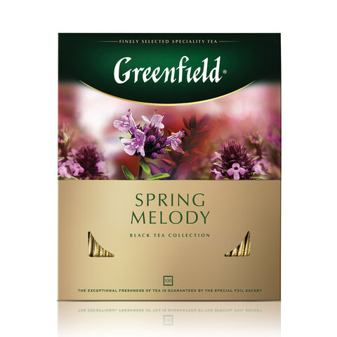 Чай GREENFIELD «Spring Melody» черный с чабрецом, мятой, смородиной, 100 пакетиков в конвертах по 1.5 г