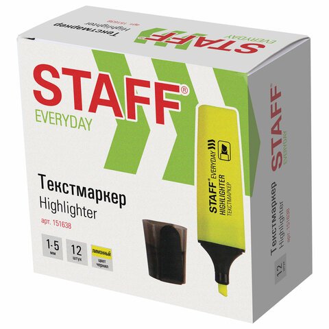 Текстовыделитель STAFF EVERYDAY, ЛИМОННЫЙ, скошенный наконечник, 1-5 мм, 151638