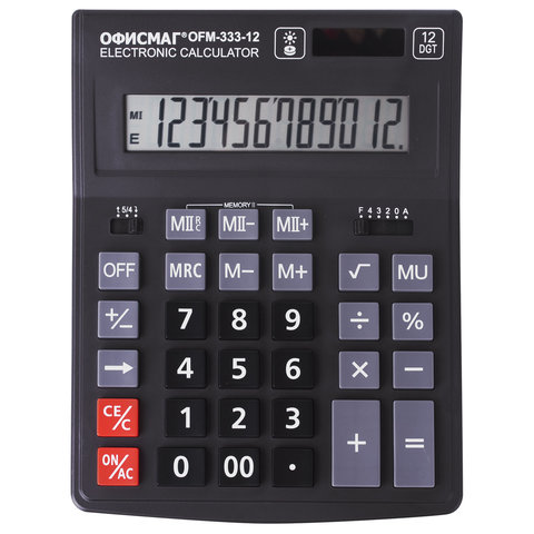 превью Калькулятор настольный ОФИСМАГ OFM-333 (200×154 мм) 12 разрядов, двойное питание, ЧЕРНЫЙ