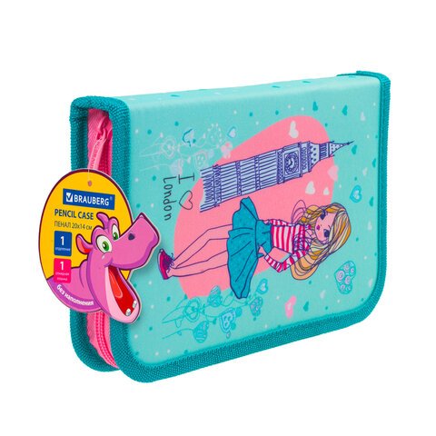 Пенал без наполнения BRAUBERG, 1 отделение, 1 откидная планка, ткань, 20×14 см, «Girl», 229283