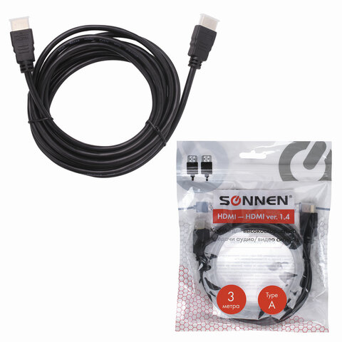 Кабель HDMI AM-AM, 3 м, SONNEN, для передачи цифрового аудио-видео, черный