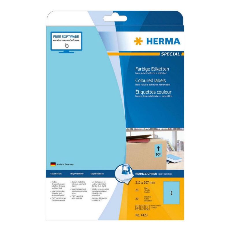 Этикетки самоклеящиеся HERMA 210×297мм голубые матов 1шт/л А4(20л/уп) 4423
