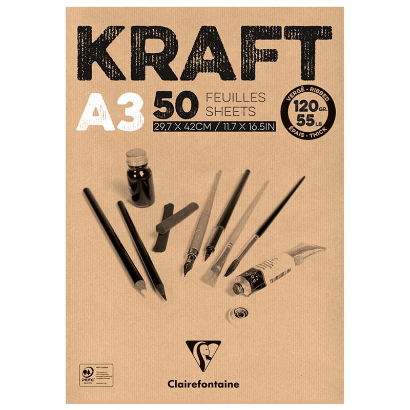 превью Блокнот для эскизов и зарисовок 50л. А3 на склейке Clairefontaine «Kraft», 120г/м2, верже, крафт