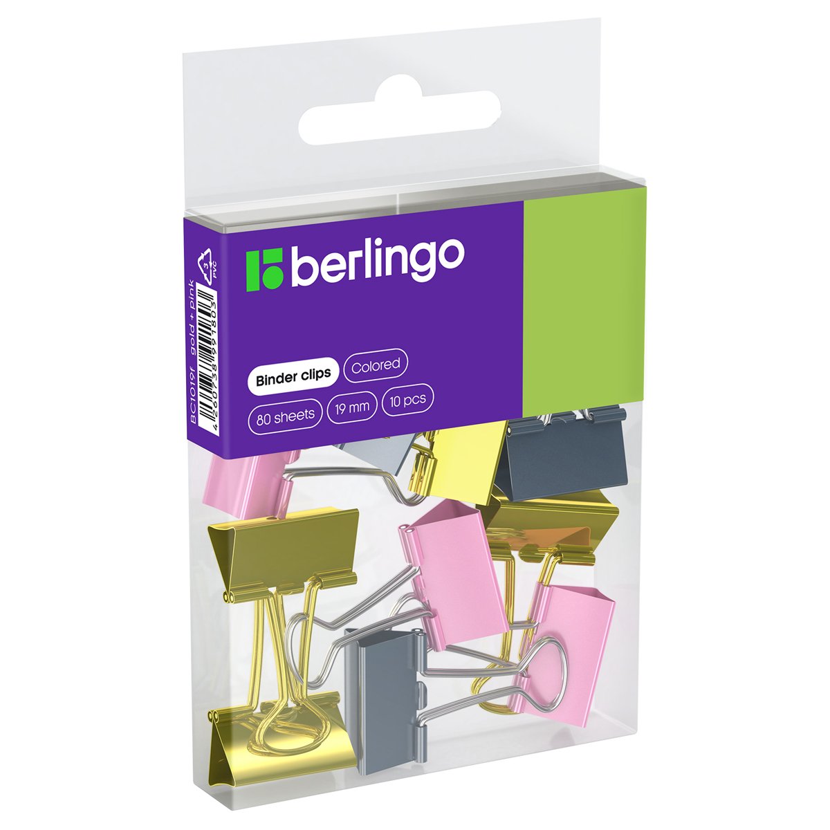 превью Зажимы для бумаг 19мм, Berlingo 10шт, цветные, ПВХ упак., европодвес, розовый+золотой