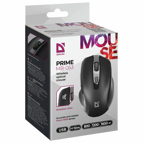 Мышь беспроводная DEFENDER Prime MB-053, USB, 5 кнопок + 1 колесо-кнопка, оптическая, черная