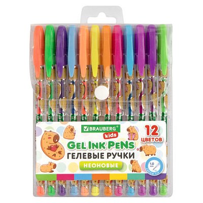 Ручки гелевые НЕОНОВЫЕ BRAUBERG KIDS «CUTE ANIMALS», НАБОР 12 ЦВЕТОВ, корпус с печатью, узел 1 мм, линия письма 0.7 мм