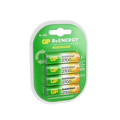 Батарейки аккумуляторные GP ReEnergy Ni-Mh пальчиковые КОМПЛЕКТ 4 шт., АА (HR6), 2600mAh, 270AAHCRGY