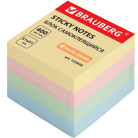 превью Блок самоклеящийся (стикер), BRAUBERG, 51×51 мм, 400 л., 4 цвета