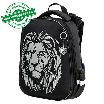 Ранец BRAUBERG SHINY, 2 отделения, с брелком, «Savage lion», светящийся рисунок, 38×28х14 см