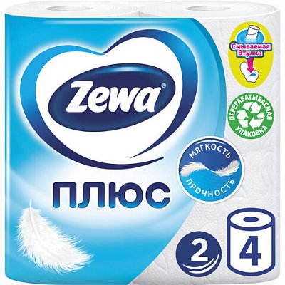 Бумага туалетная ZEWA Plus, 2-х слойная, спайка 4 шт. х 23 м, белая