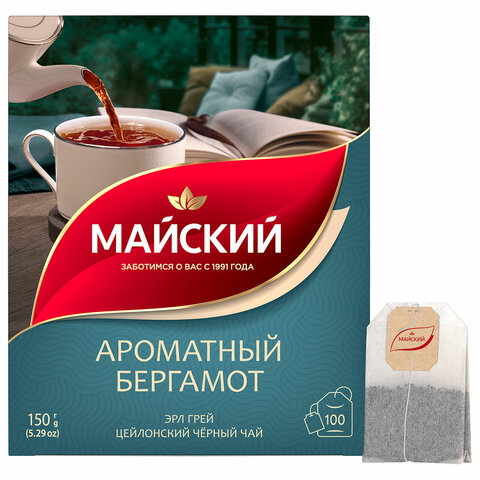Чай МАЙСКИЙ «Ароматный бергамот» черный цейлонский байховый, 100 пакетиков по 1.5 г