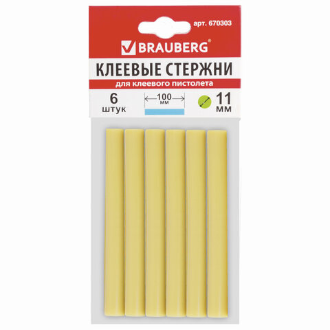 превью Клеевые стержни, диаметр 11 мм, длина 100 мм, желтые, комплект 6 штук, BRAUBERG, европодвес