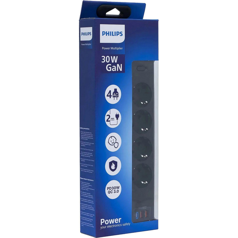Сетевой фильтр Philips CHP8246BA/51 4р/2м с USB, 10А, черный