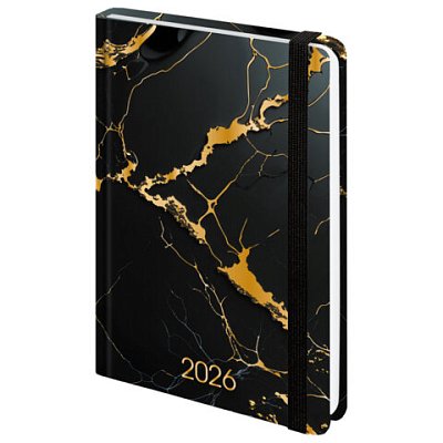 Ежедневник датированный 2026 с резинкой 145×203 мм, А5, BRAUBERG, твердый, фольга, «Черный мрамор»