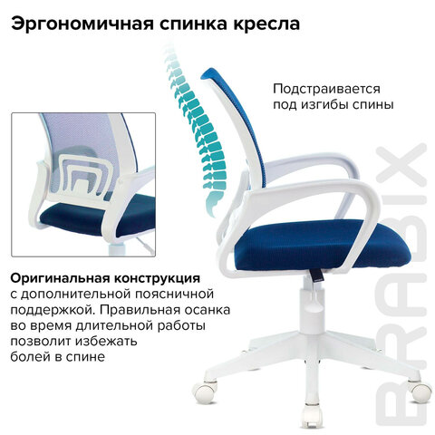 Кресло BRABIX «Fly MG-396W», с подлокотниками, пластик белый, сетка, темно-синее, 532399
