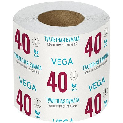 Бумага туалетная Vega, 1-слойная, 40м/рул., на втулке, с перф., серая