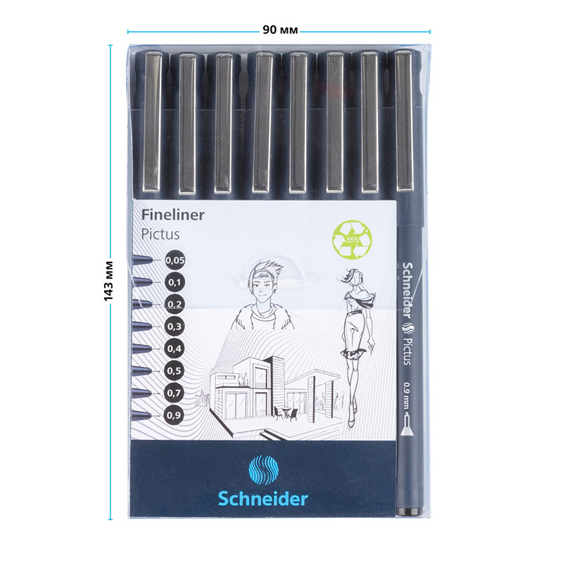 Набор капилярных ручек Schneider «Pictus» 8шт., черный, 0.05мм/0.1мм/0.2мм/0.3мм/0.4мм/0.5мм/0.7мм/0.9мм