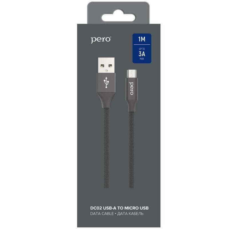 Кабель PERO, DC-02, micro-USB, 3А, 1м, Fast charge, черный