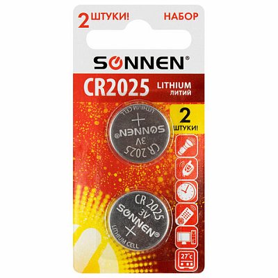 Батарейки литиевые SONNEN Lithium CR2025, «таблетки, дисковые, кнопочные», КОМПЛЕКТ 2 шт., блистер
