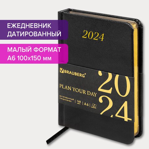 Ежедневник датированный 2024 МАЛЫЙ ФОРМАТ 100×150мм А6, BRAUBERG Iguana, под кожу, черный