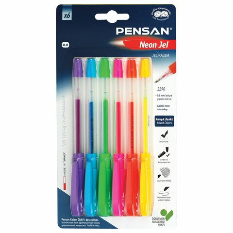 превью Ручки гелевые PENSAN Neon Gel, НАБОР 6 ЦВЕТОВ, узел 1мм, линия 0.5мм ш/к 9259